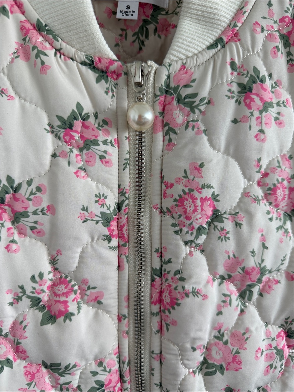 Floral Quilted Bomber Jacket - Pink on Cream - Picture 2 of 5